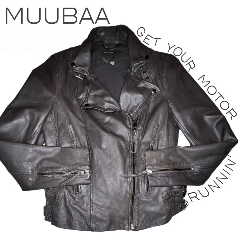 MUUBAA Pola Gray Leather Motorcycle Jacket